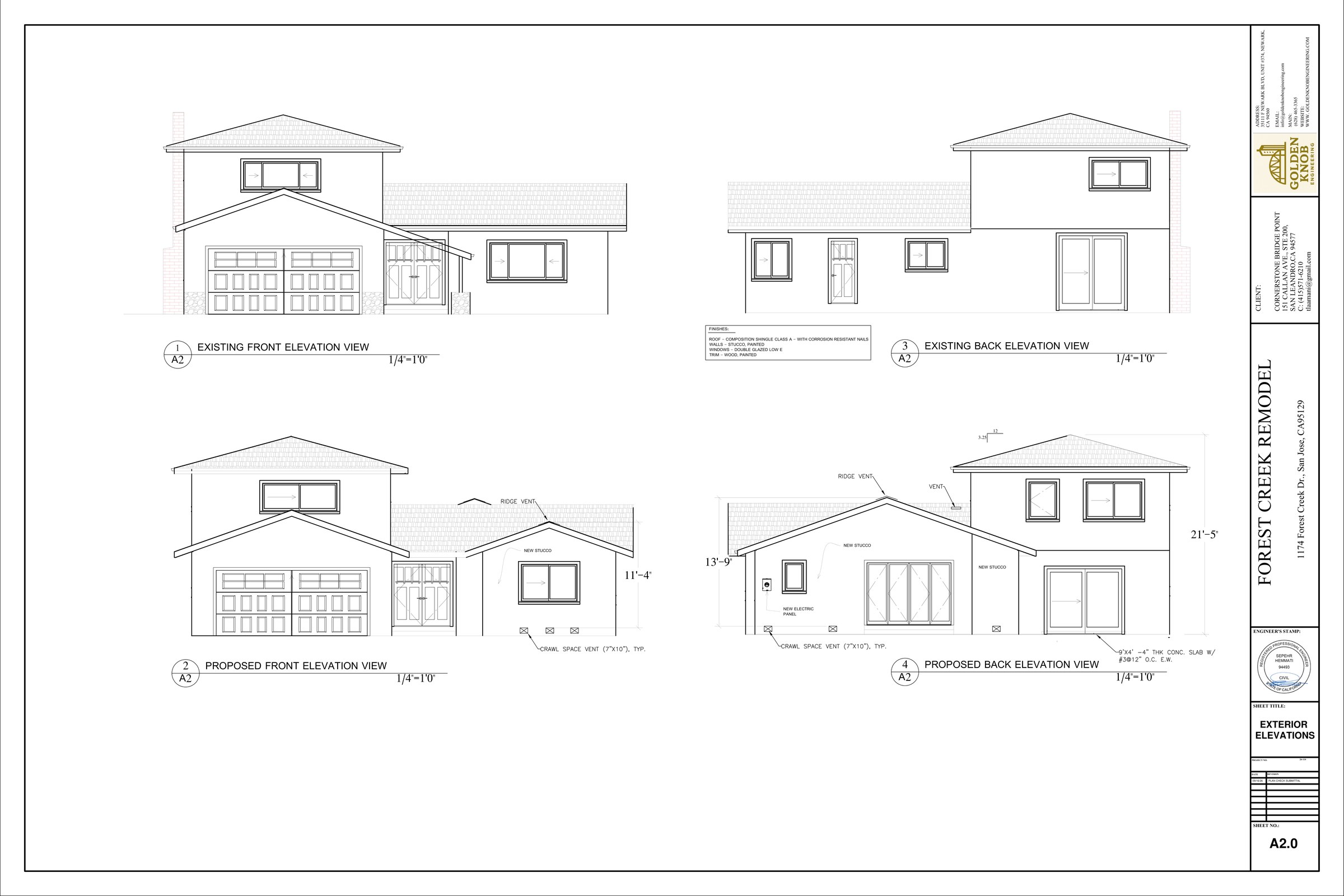 Sheet A2.0 from the plan set: existing and proposed front and back exterior elevations